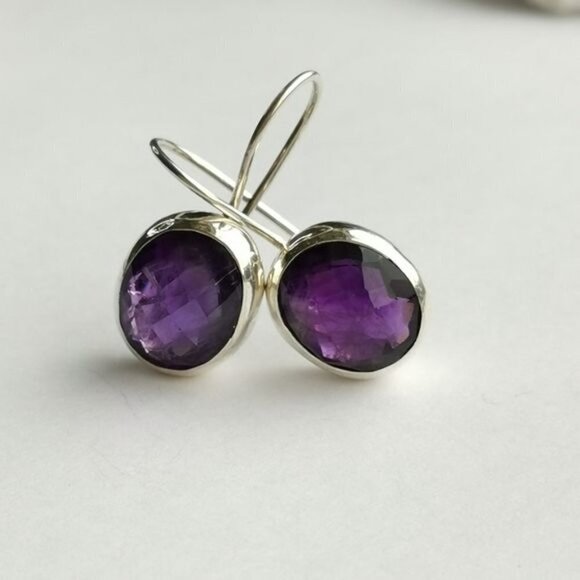 Modernist sterling silver checkerboard cut Amethyst drop earrings 🆕 - Picture 5 of 7
